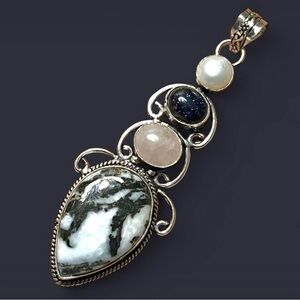 Natural Buffalo Turquoise, Rose Quartz, Blue Sunstone, Pearl 3" Pendant